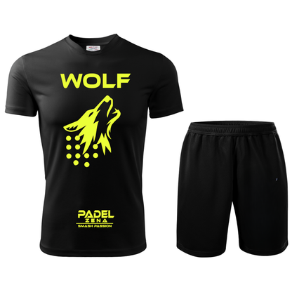 Completo padel Wolf nero giallo – Animal Collection maglia e short tecnico Zena Padel