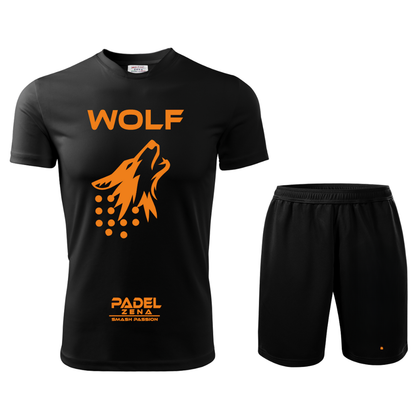 Kit padel Wolf arancio nero – completo tecnico grafica lupo Zena Padel