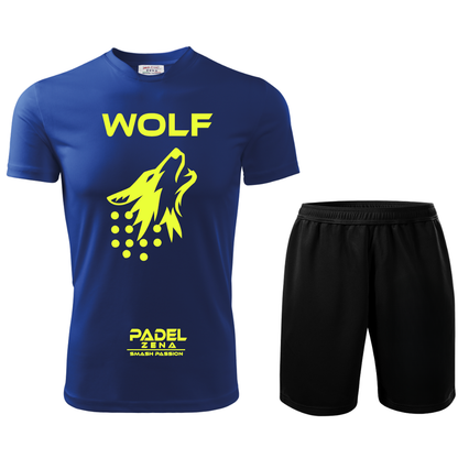 Kit padel Wolf royal giallo – maglia tecnica pantaloncino grafica lupo Zena Padel