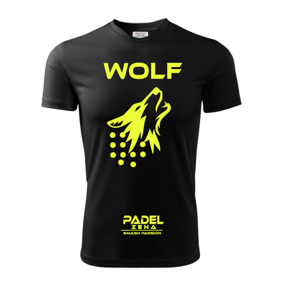 T-shirt padel Wolf nero giallo – grafica lupo dry fit Zena Padel